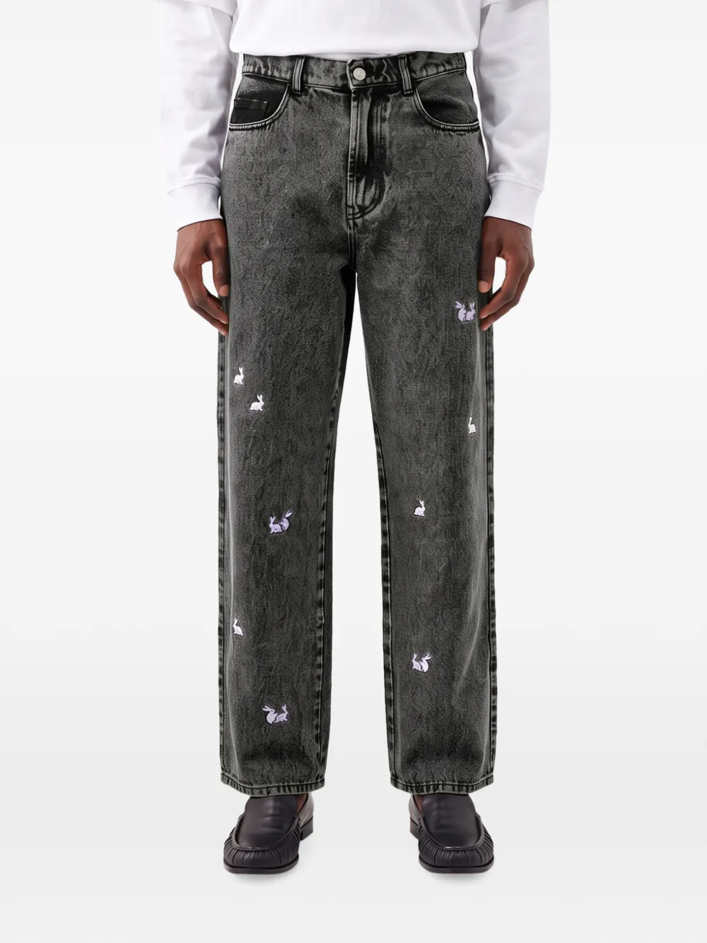 CARNE BOLLENTE Billionaire rabbit-embroidered acid-wash jeans Zwart