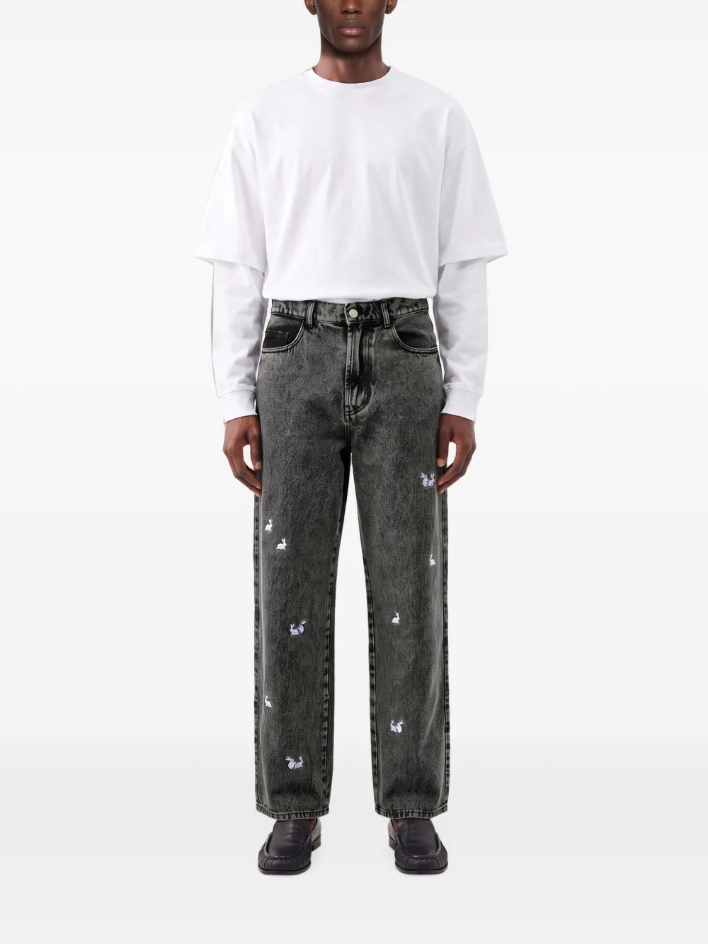 CARNE BOLLENTE Billionaire rabbit-embroidered acid-wash jeans Zwart