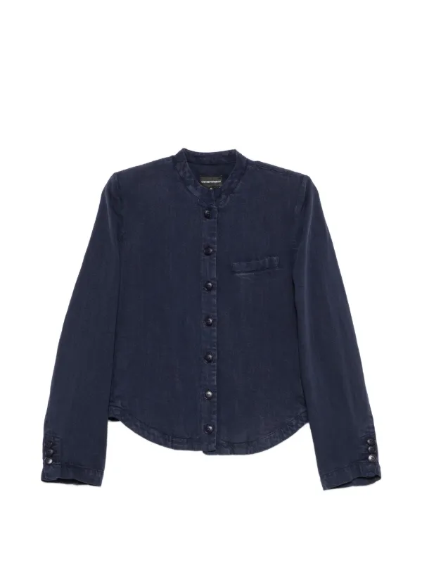 Emporio Armani Buttoned Band-collar Jacket in Blue