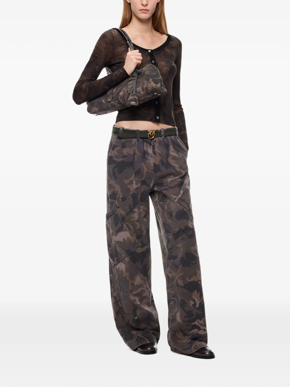 PINKO Cargo broek met wijde pijpen en camouflageprint Groen