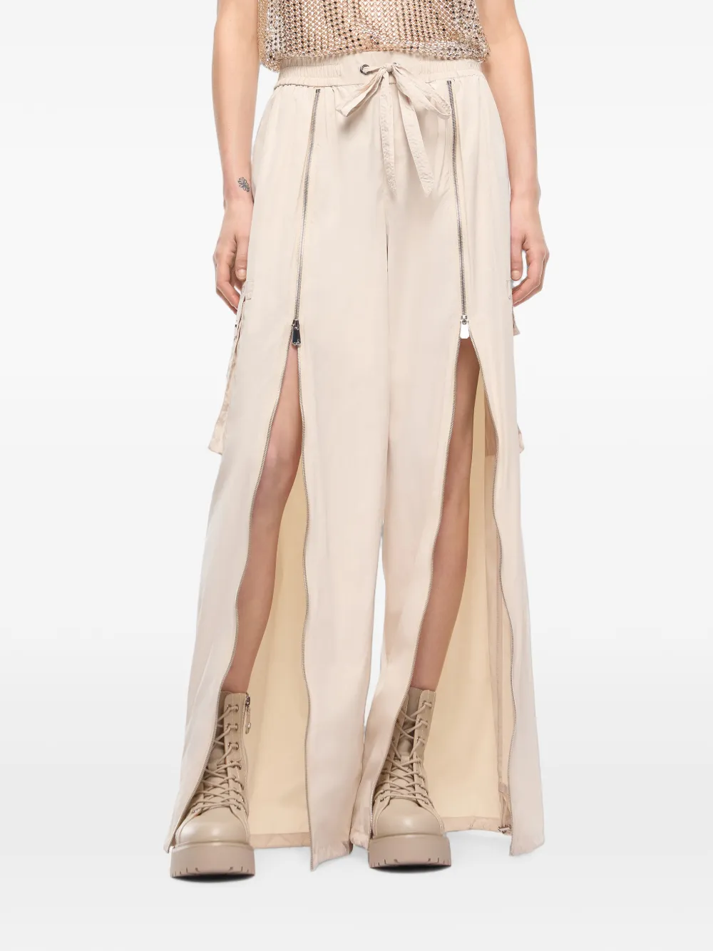 PINKO Palazzo broek met rits en cargo zakken Beige