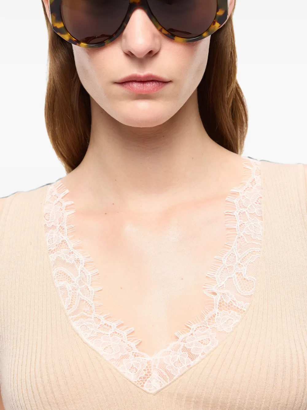 PINKO Top van zijde- en kasjmierblend met kanten hals Beige