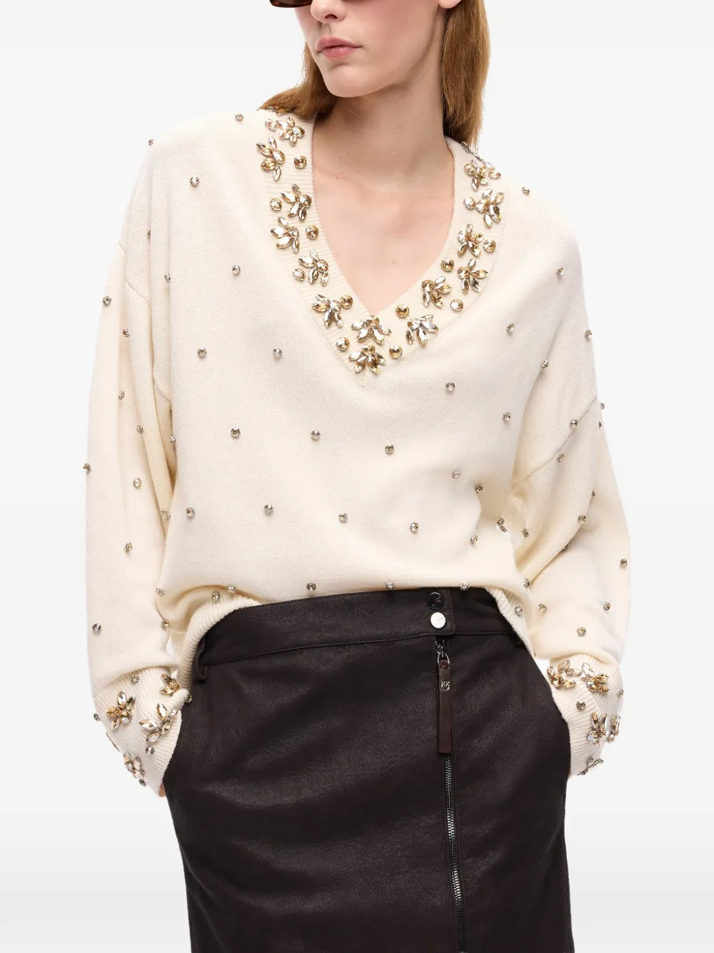 PINKO Sweater verfraaid met kristallen en V-hals Beige