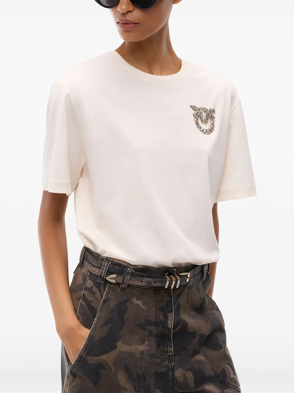 PINKO T-shirt met Love Birds juwelen detail Beige