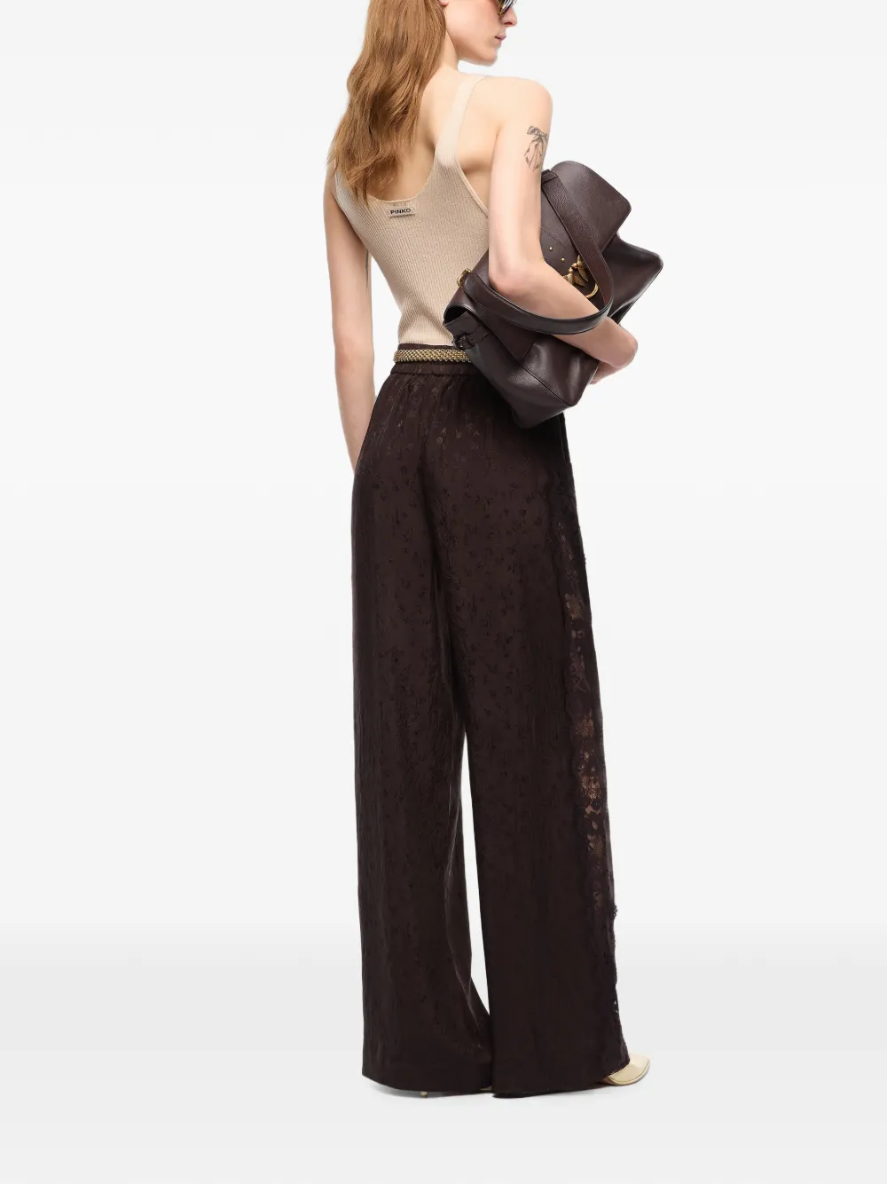 PINKO Palazzo broek met bloemen-patroon en kanten afwerking Bruin