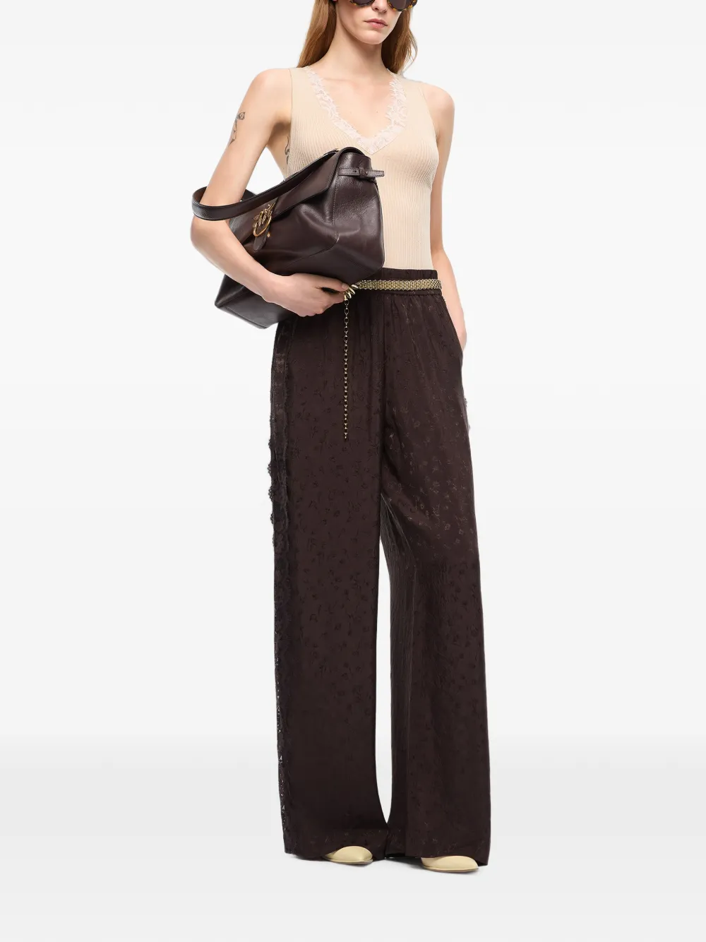 PINKO Palazzo broek met bloemen-patroon en kanten afwerking Bruin