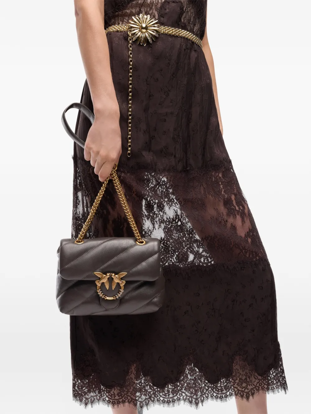 PINKO Love Birds gewatteerde crossbodytas Bruin