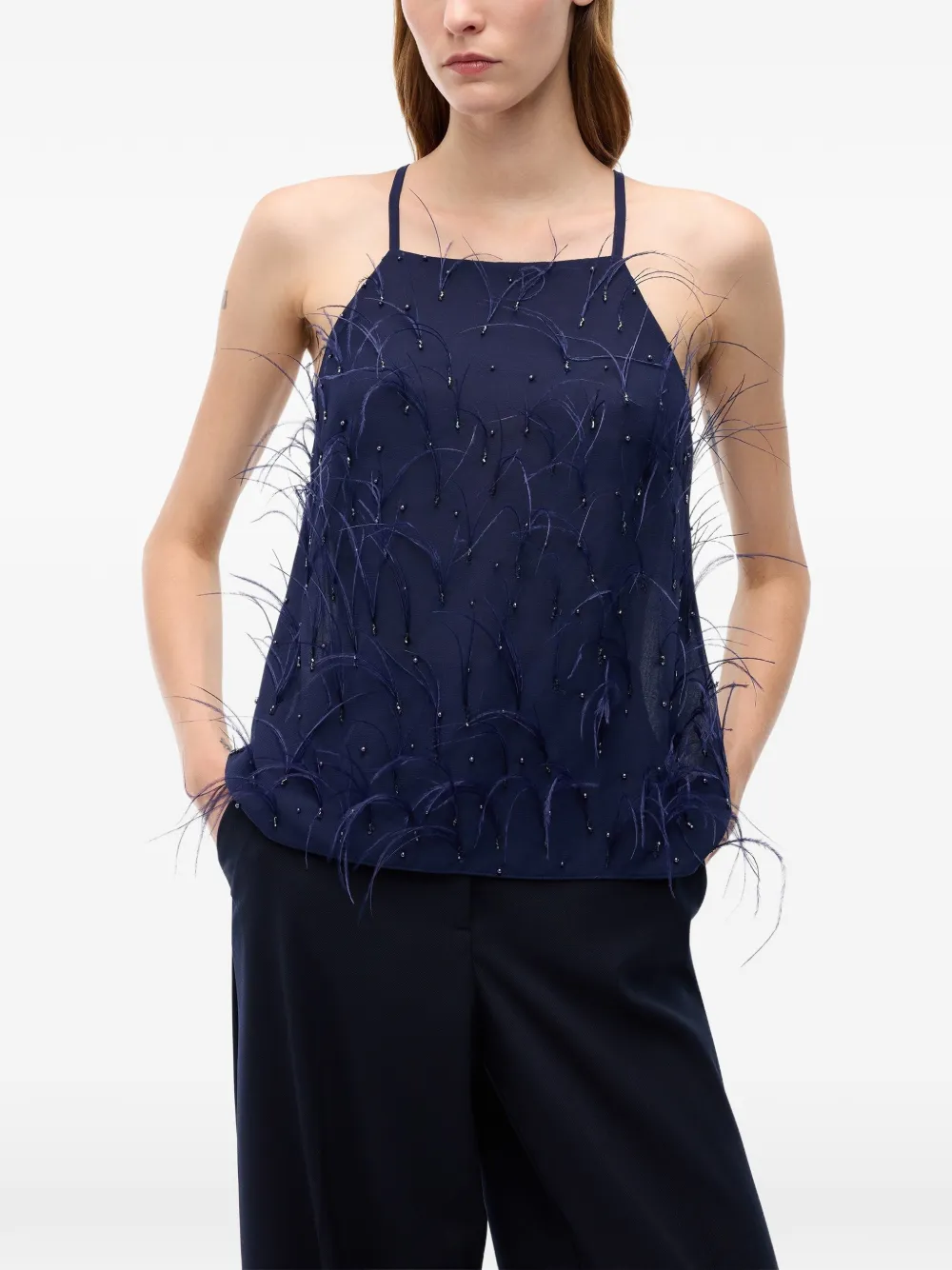 PINKO Top verfraaid met pailletten en veren afwerking Blauw