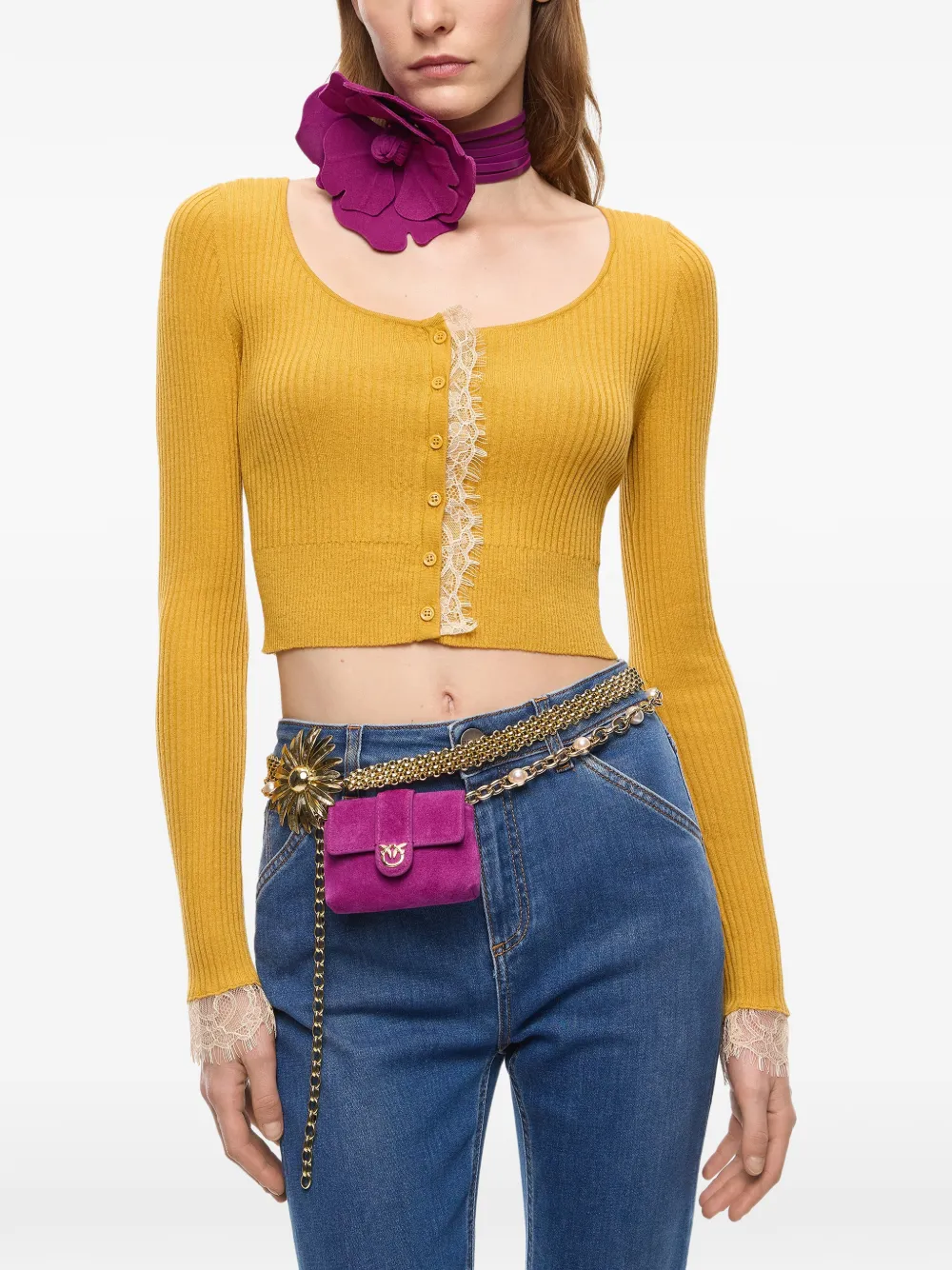 PINKO Geribbeld vest met kanten afwerking Geel