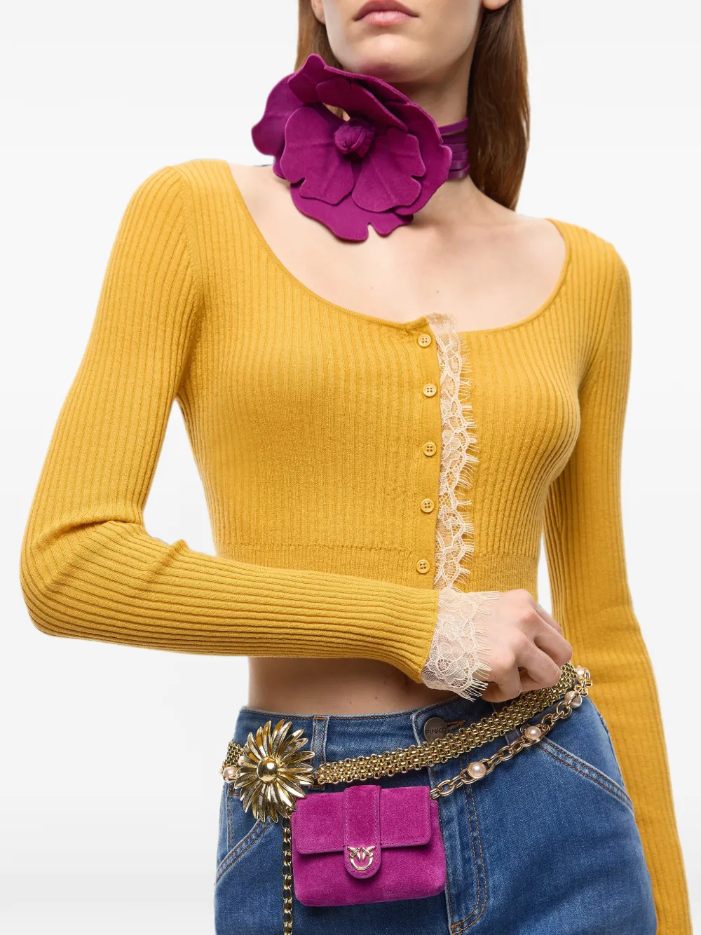 PINKO Geribbeld vest met kanten afwerking Geel