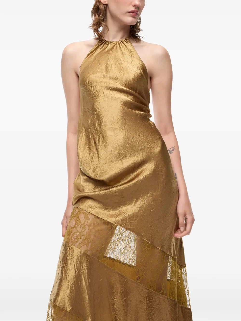 PINKO Asymmetrische satijnen midi-jurk met kant Goud