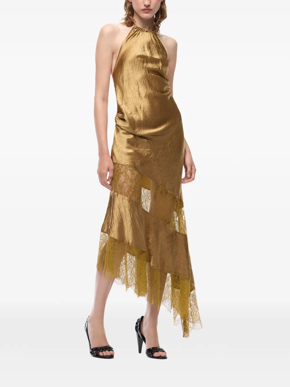 PINKO Asymmetrische satijnen midi-jurk met kant Goud
