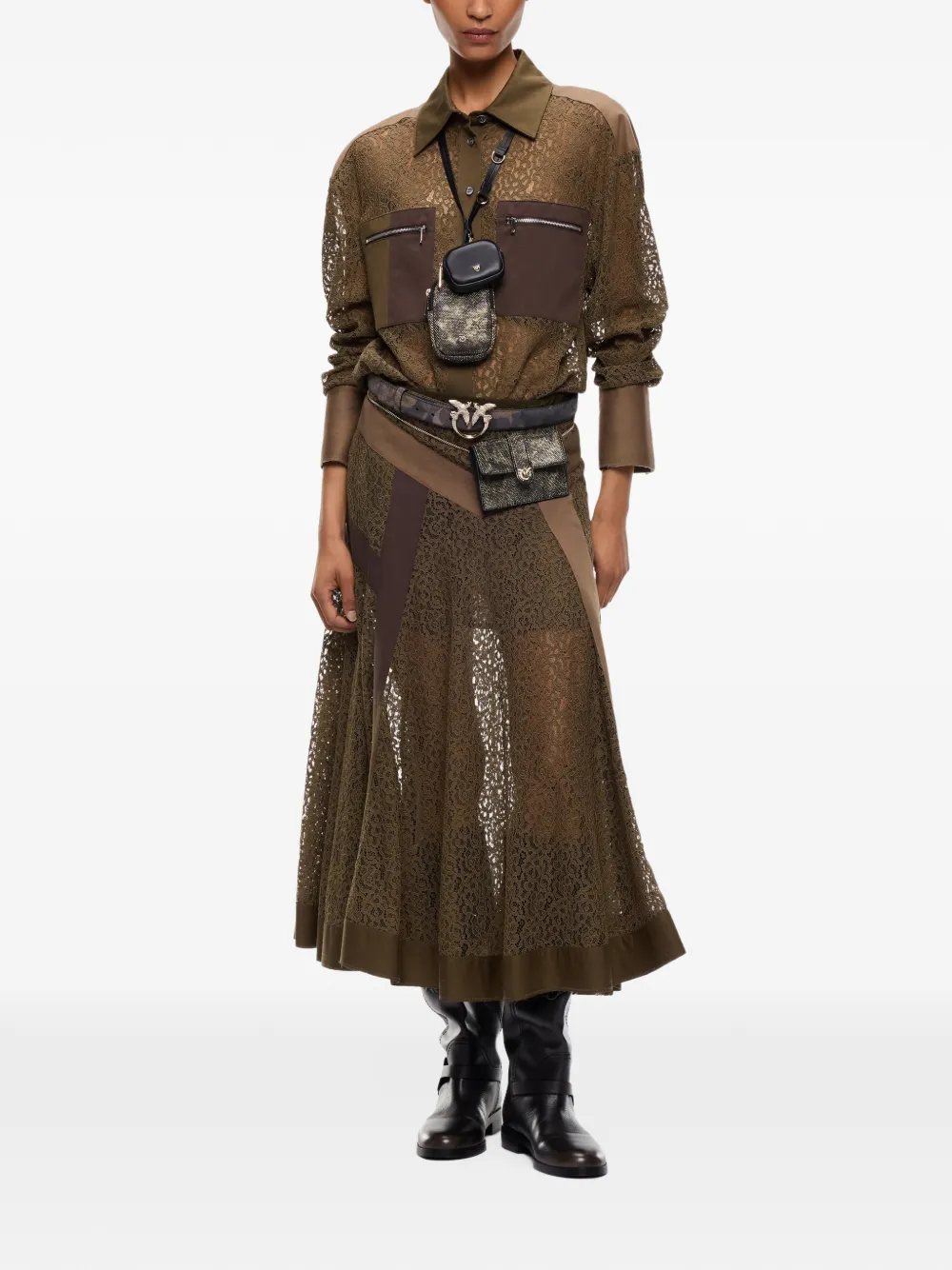 PINKO Midi-rok met kanten vlakken en patchwork Groen