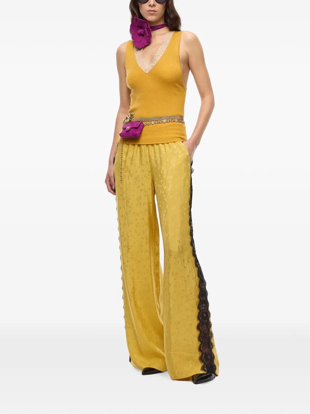 PINKO Geribbelde top met kanten afwerking Geel