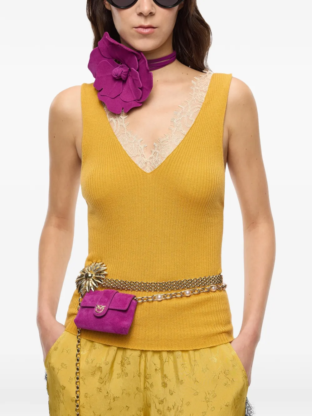 PINKO lace-trim ribbed top