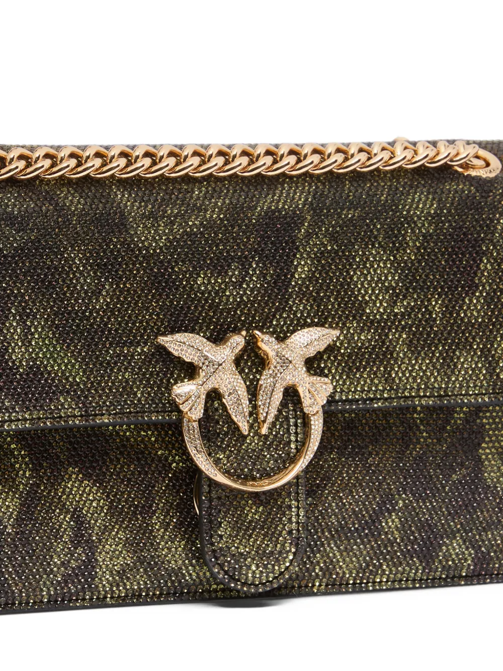 PINKO Mini Love One Light fully-rhinestoned crossbody bag with camouflage print Groen