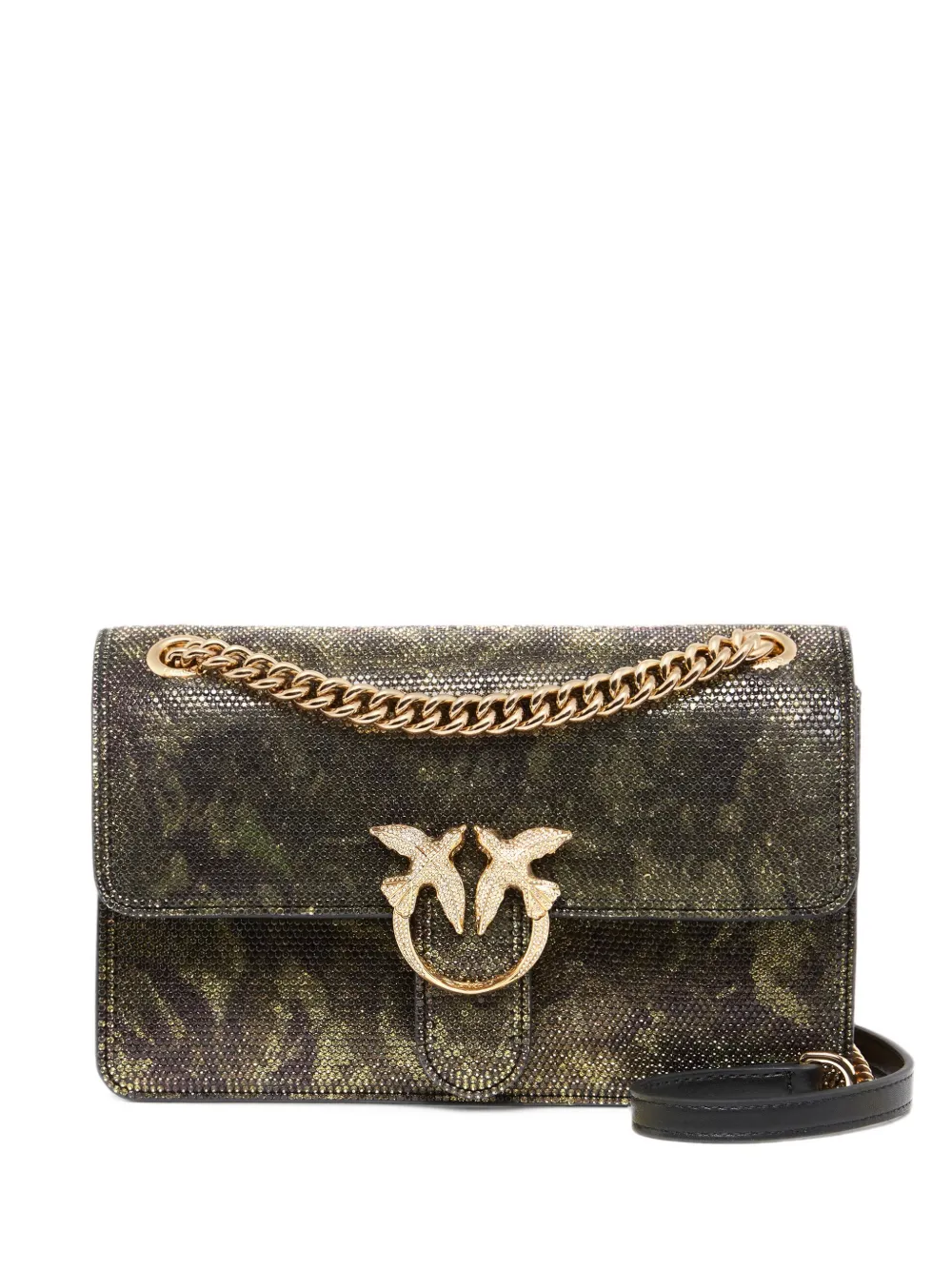 PINKO Mini Love One Light fully-rhinestoned crossbody bag with camouflage print - Verde