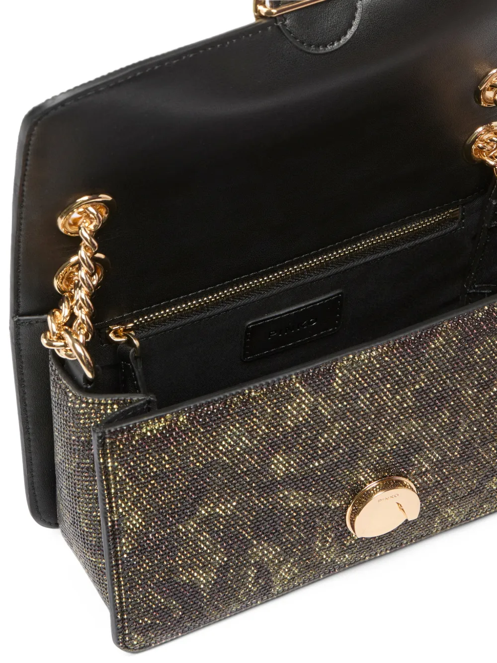 PINKO Mini Love One Light fully-rhinestoned crossbody bag with camouflage print Groen