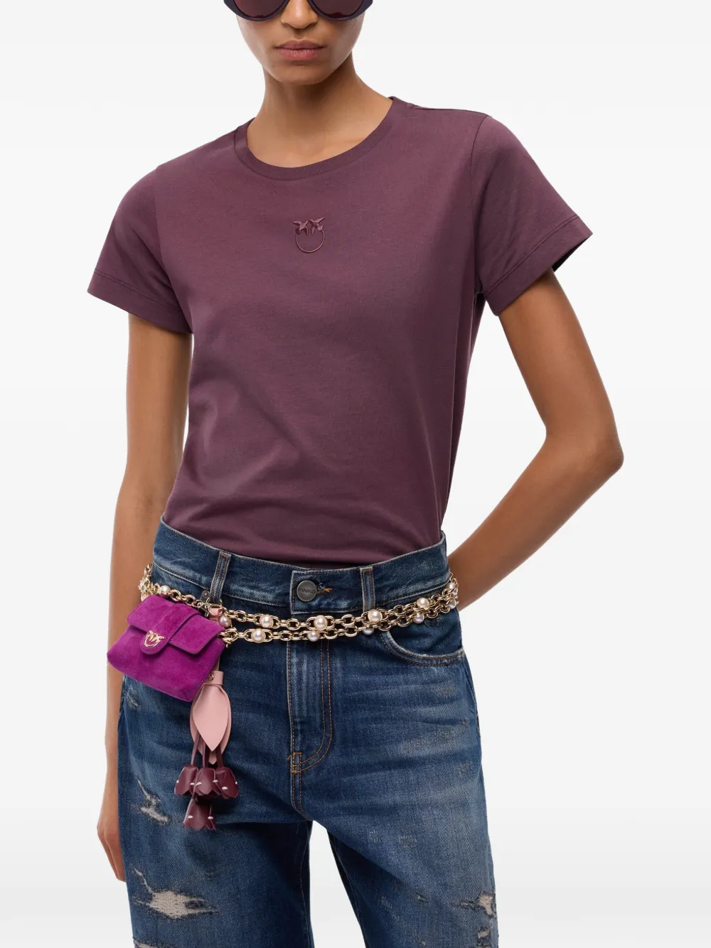 PINKO T-shirt met geborduurde bloemen Rood