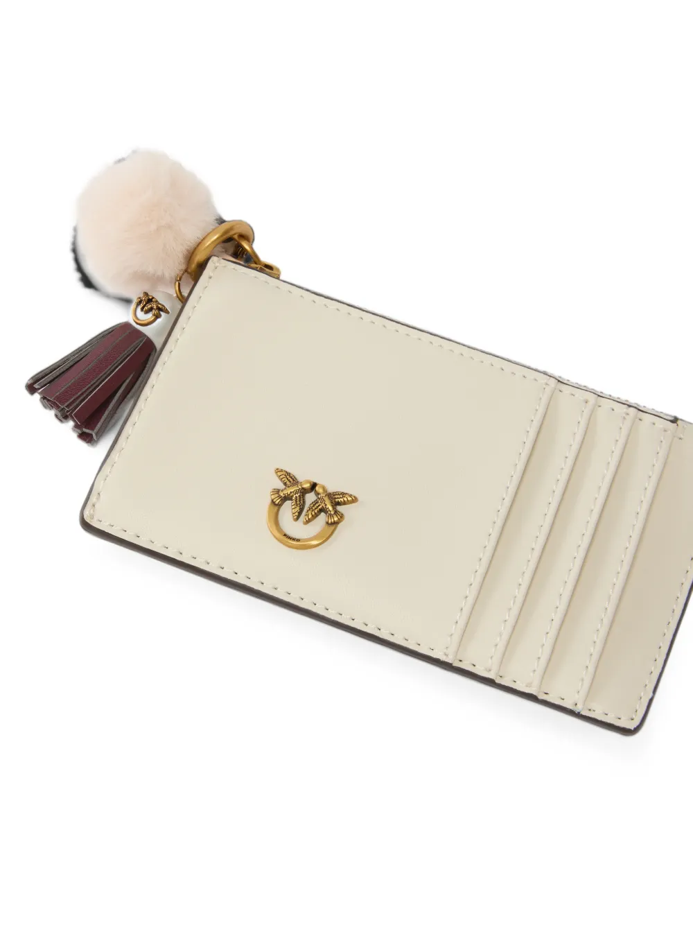 PINKO leather card holder with tassel and pompom Beige