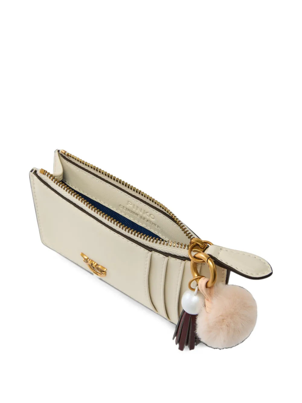 PINKO leather card holder with tassel and pompom Beige