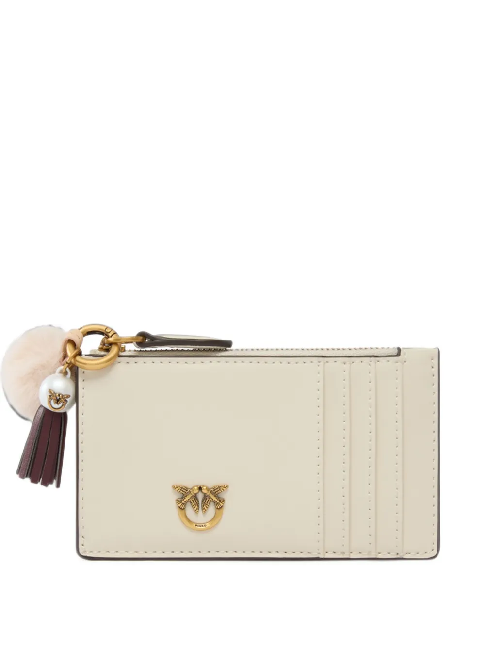 PINKO leather card holder with tassel and pompom - Nude