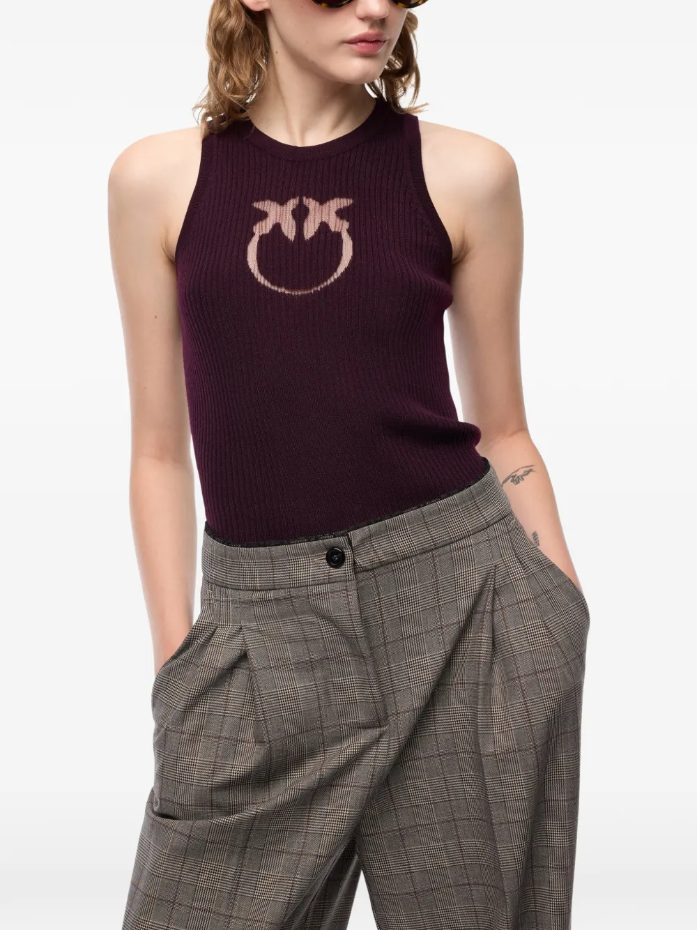 PINKO Geribbelde top met doorzichtig Love Birds logo Paars