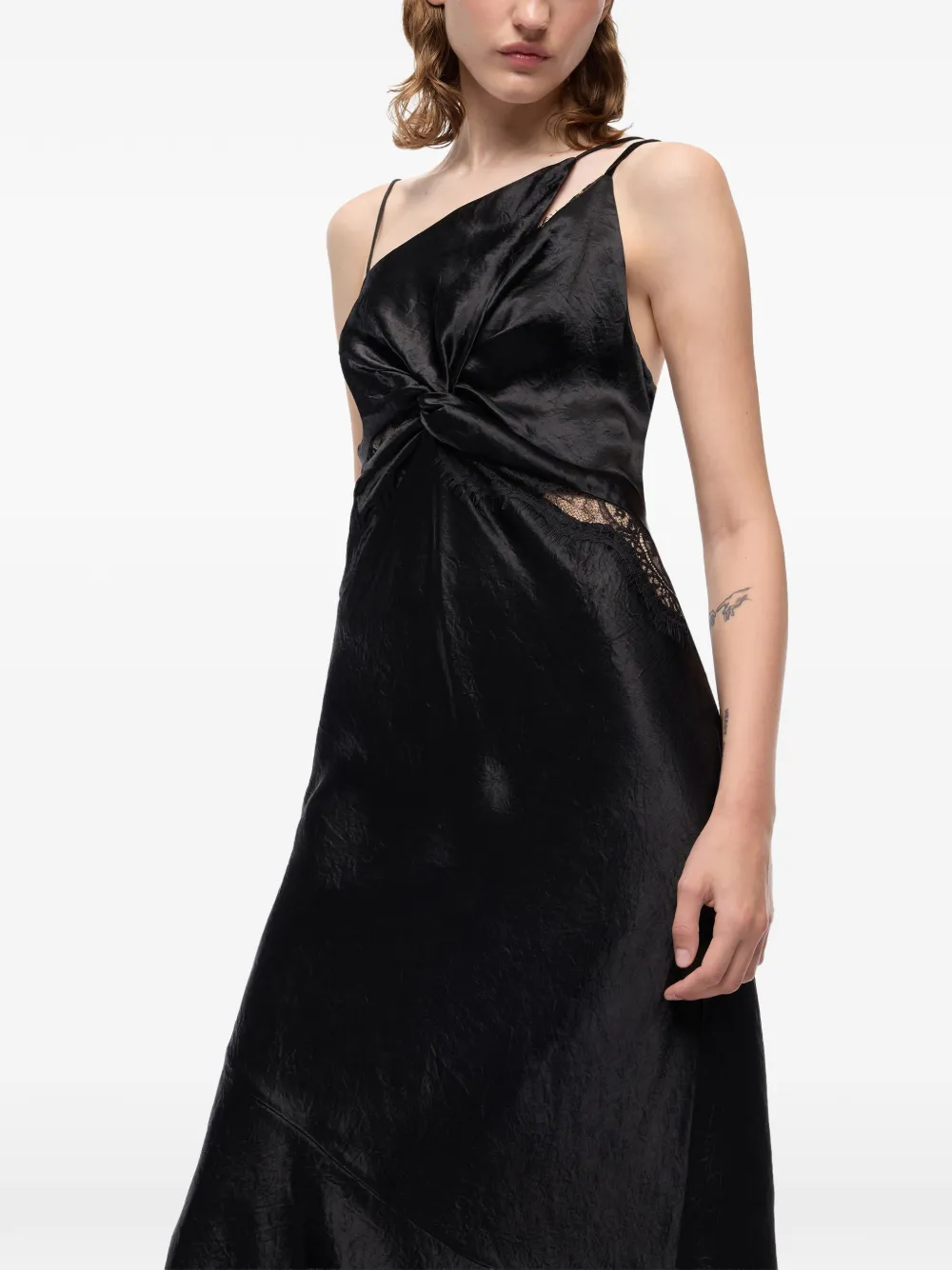 PINKO long satin dress with draping and lace Zwart