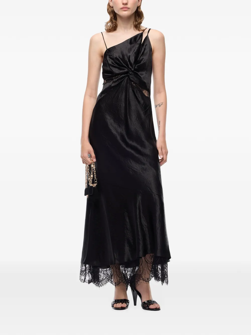 PINKO long satin dress with draping and lace Zwart