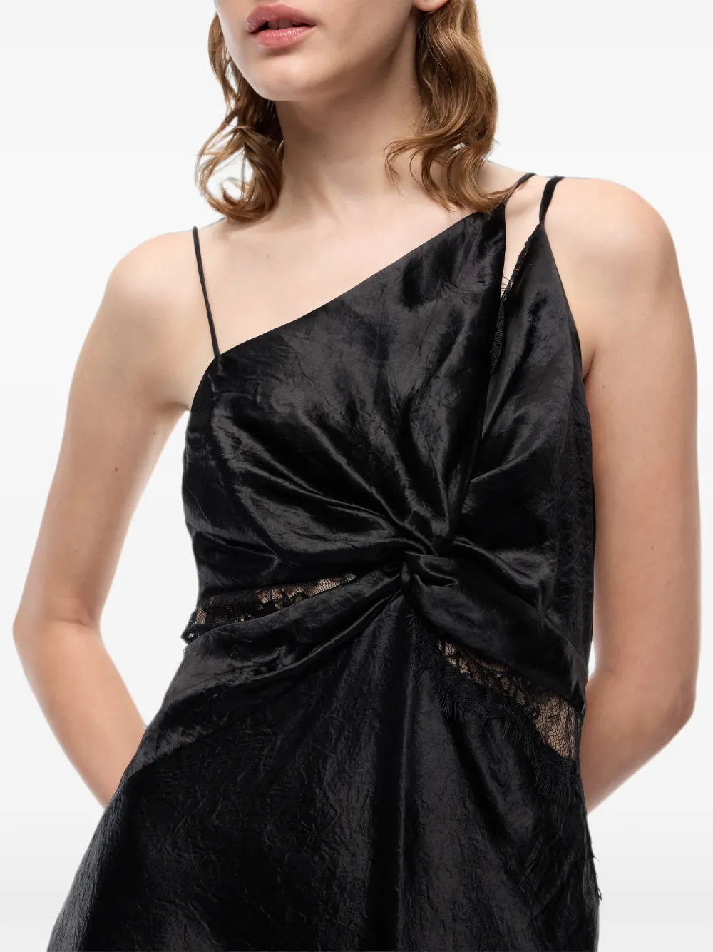 PINKO long satin dress with draping and lace Zwart