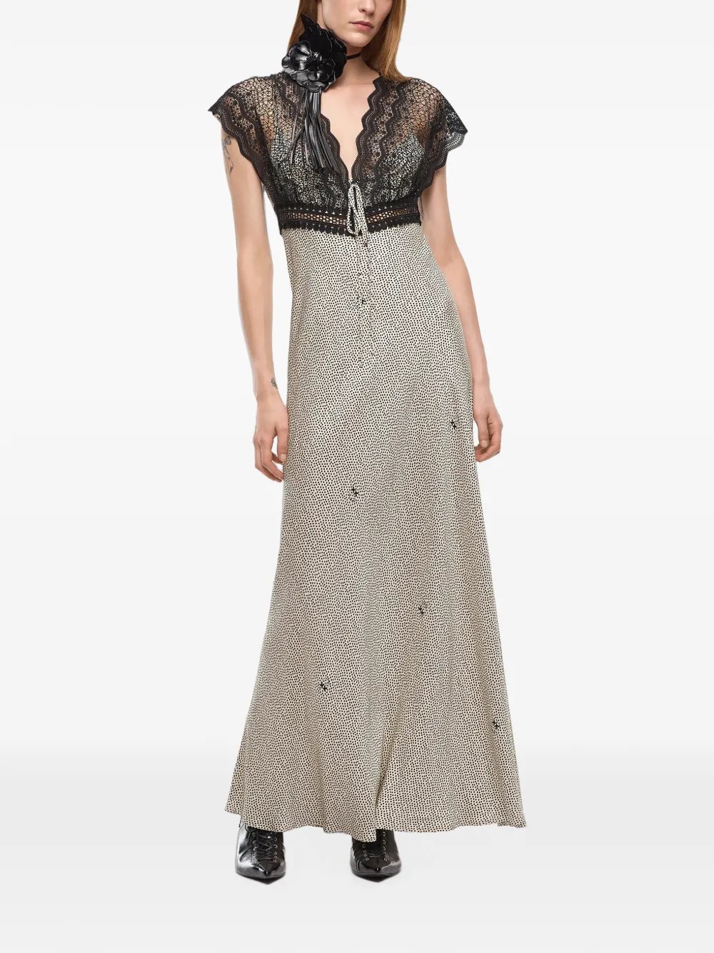 PINKO Maxi-jurk met kanten afwerking en stippen Beige