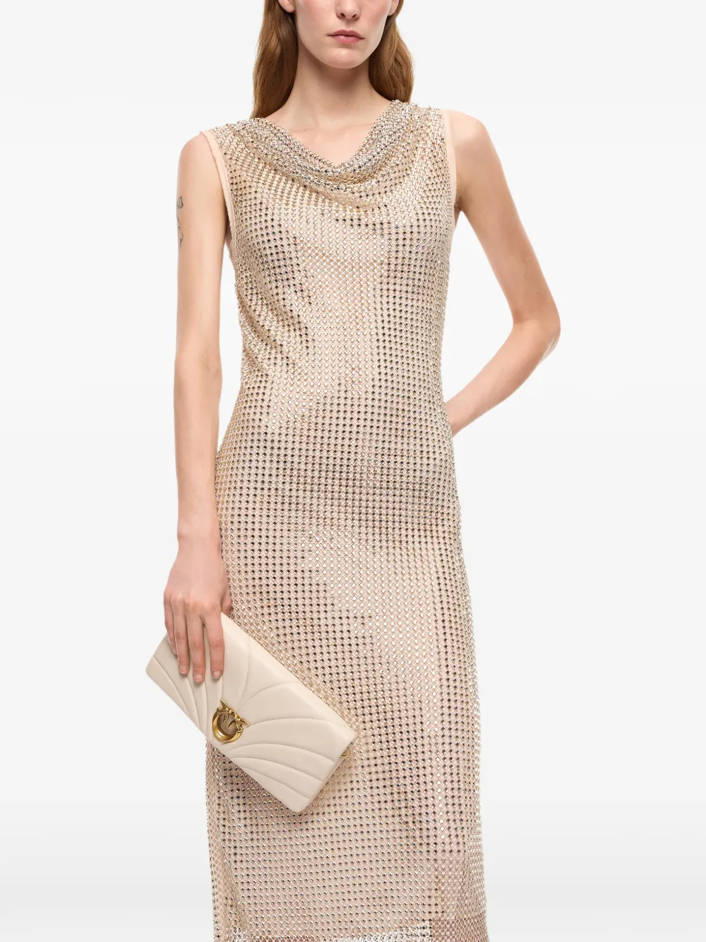 PINKO Midi-jurk met stras en mesh-effect Goud