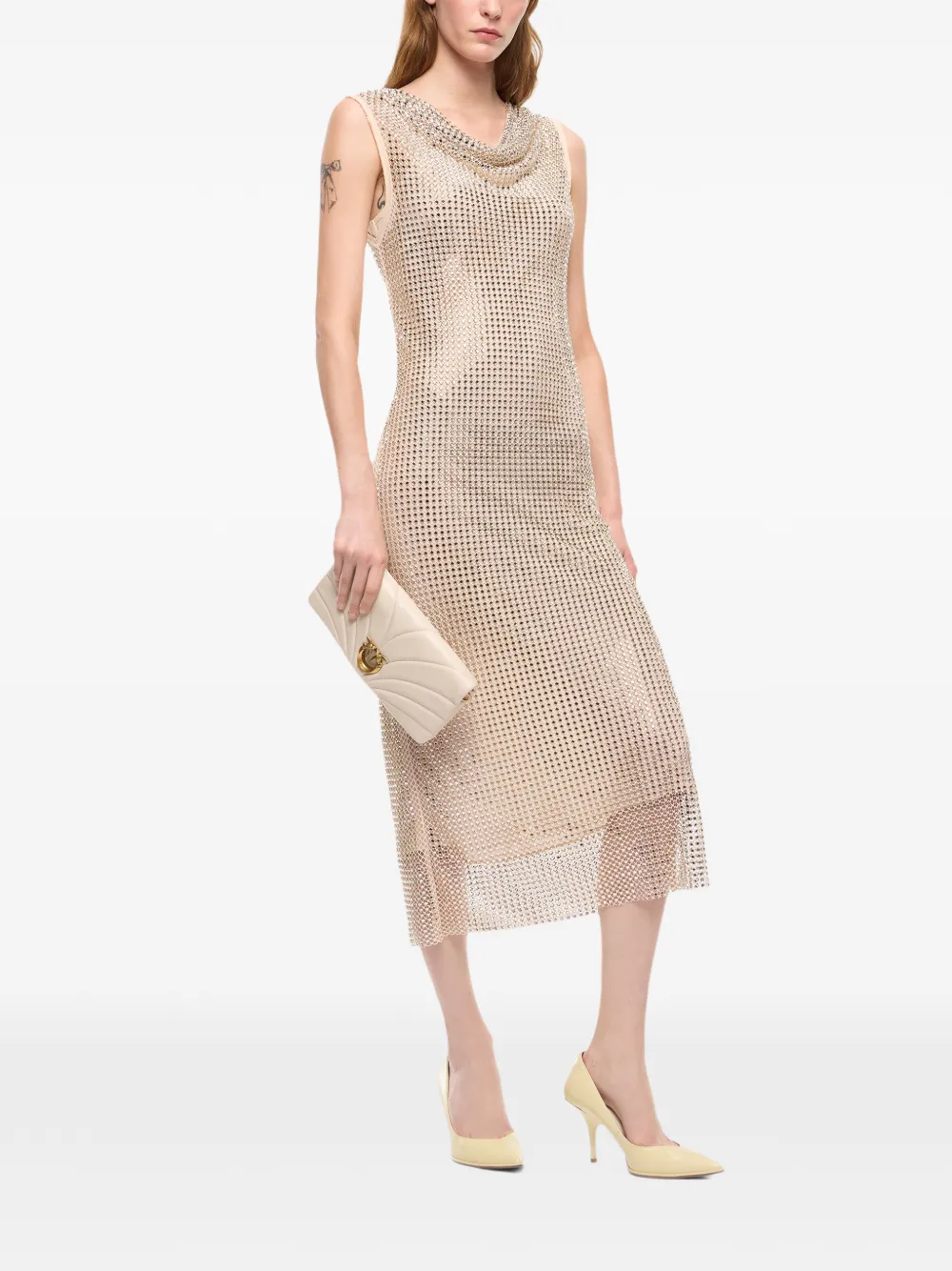 PINKO Midi-jurk met stras en mesh-effect Goud