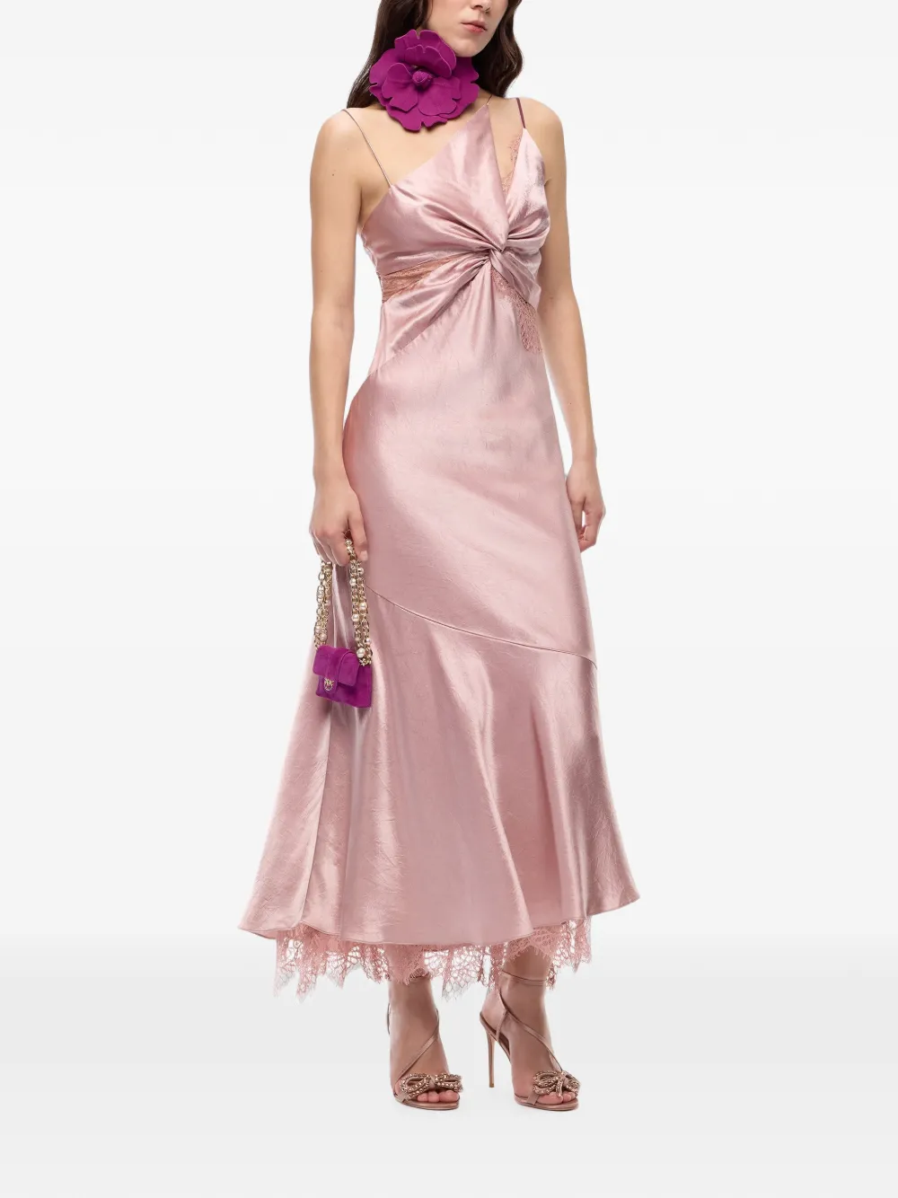 PINKO midi-jurk met kanten afwerking en gedraaid detail Roze