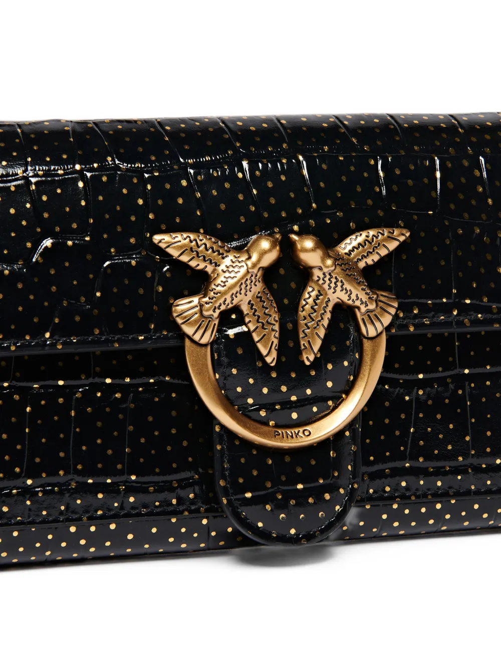 PINKO Love Bag One Wallet small crossbody wallet in crocodile-print leather with polka dots Zwart