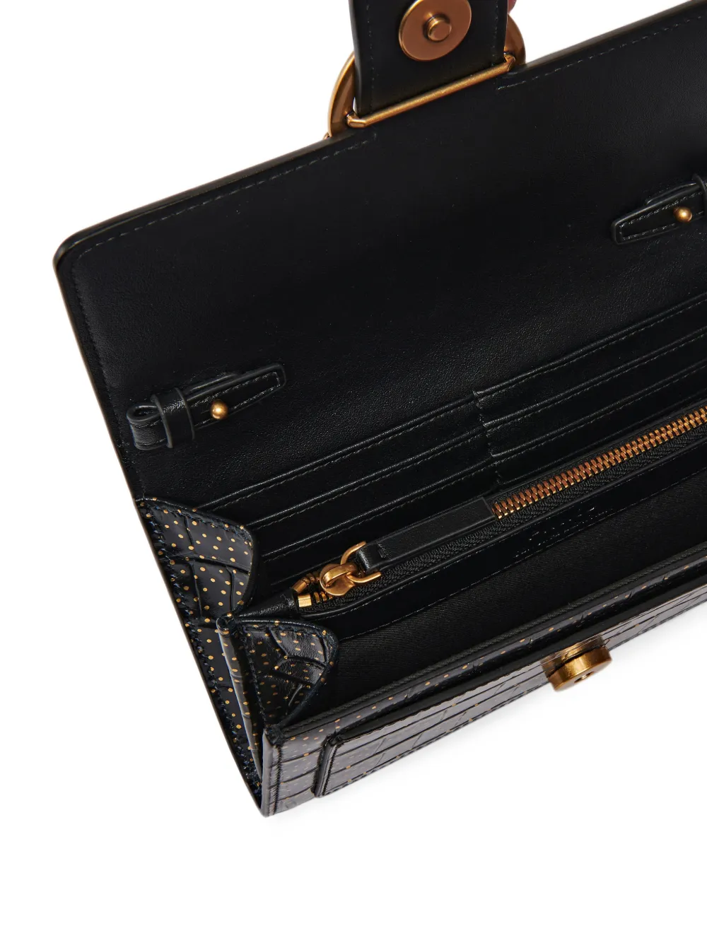 PINKO Love Bag One Wallet small crossbody wallet in crocodile-print leather with polka dots Zwart