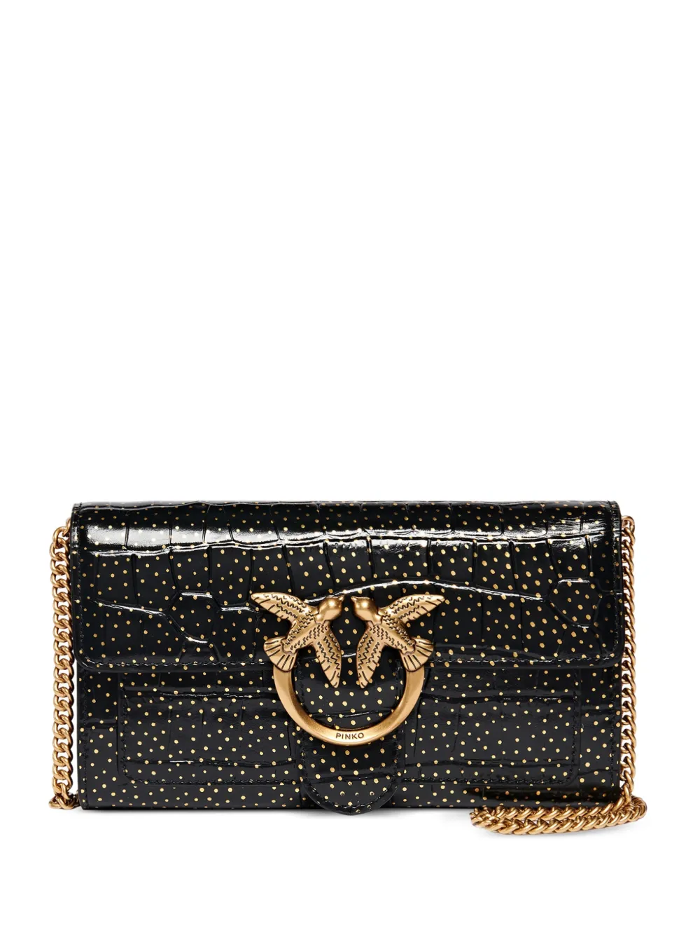 PINKO Love Bag One Wallet small crossbody wallet in crocodile-print leather with polka dots - Nero