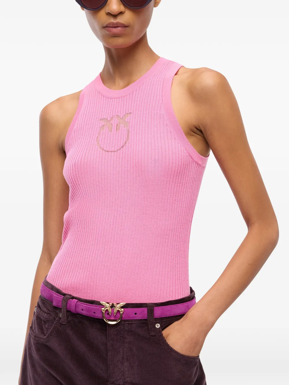 PINKO Geribbelde top met doorzichtig Love Birds logo Roze