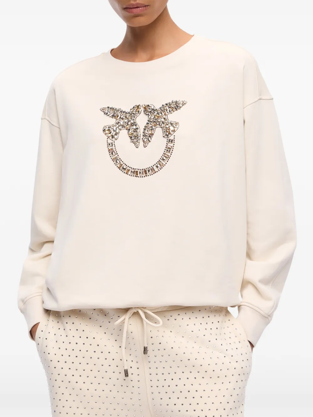 PINKO Love Birds crystal-embellished sweatshirt Beige