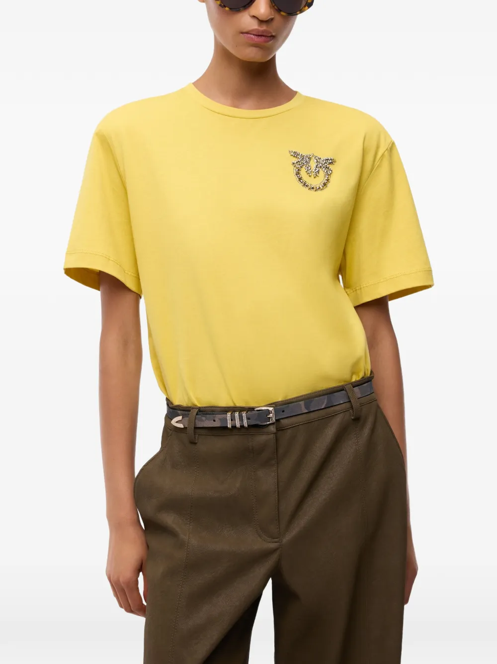 PINKO Love Birds T-shirt verfraaid met kristallen Geel