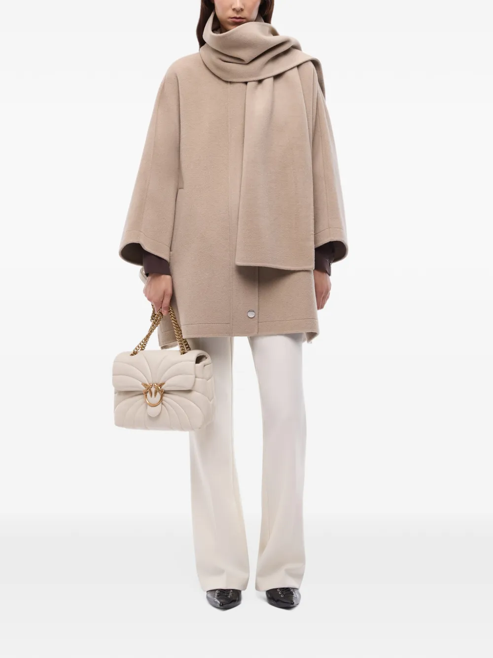 PINKO cape in double-layered wool-blend cloth with scarf Beige