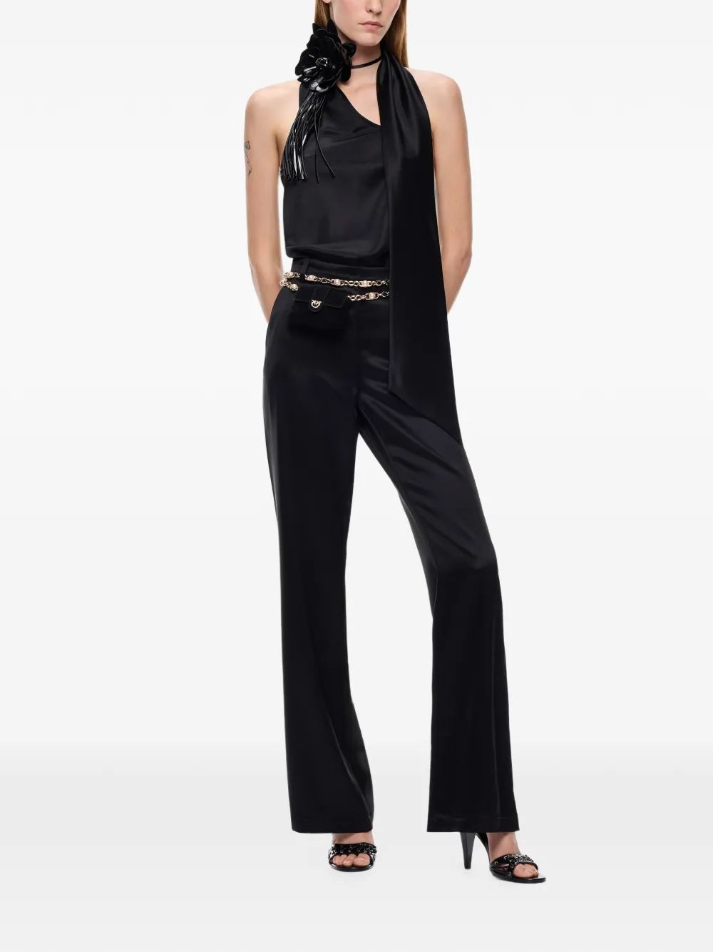 PINKO Lange satijnen jumpsuit met sjerp Zwart
