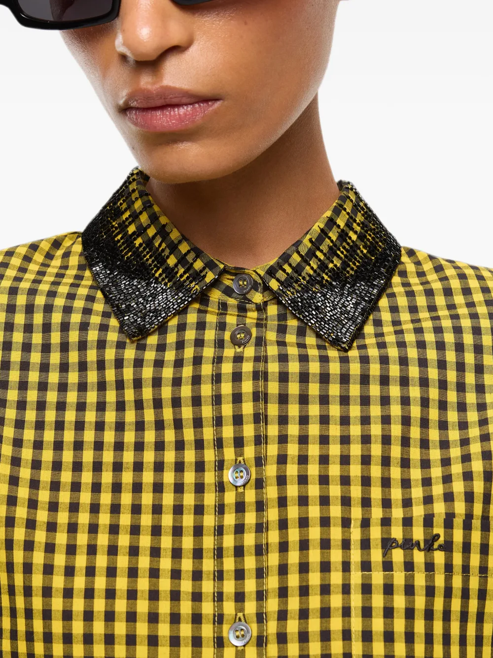 PINKO Cropped geruite blouse met decoratieve kraag Geel