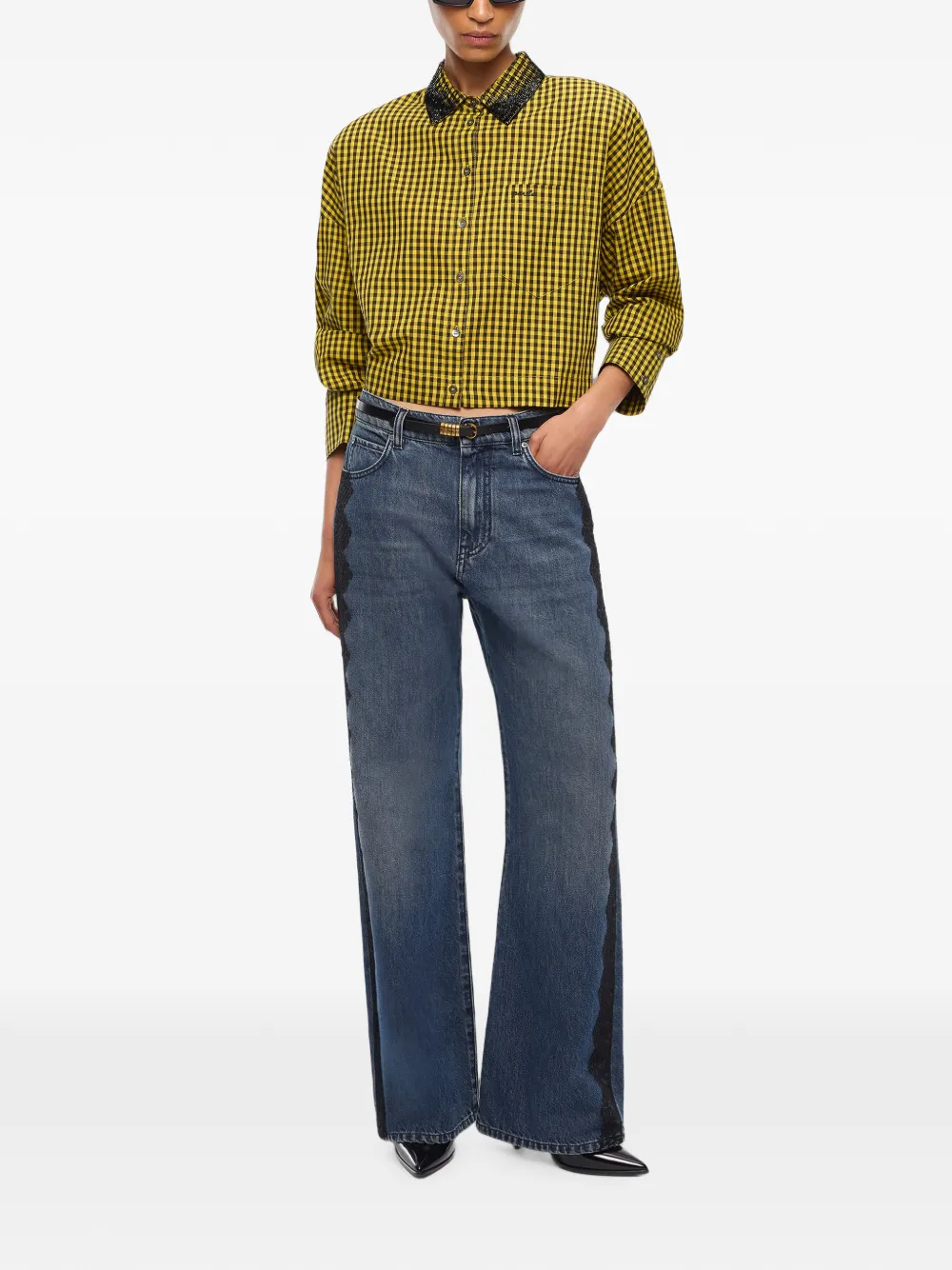 PINKO Cropped geruite blouse met decoratieve kraag Geel