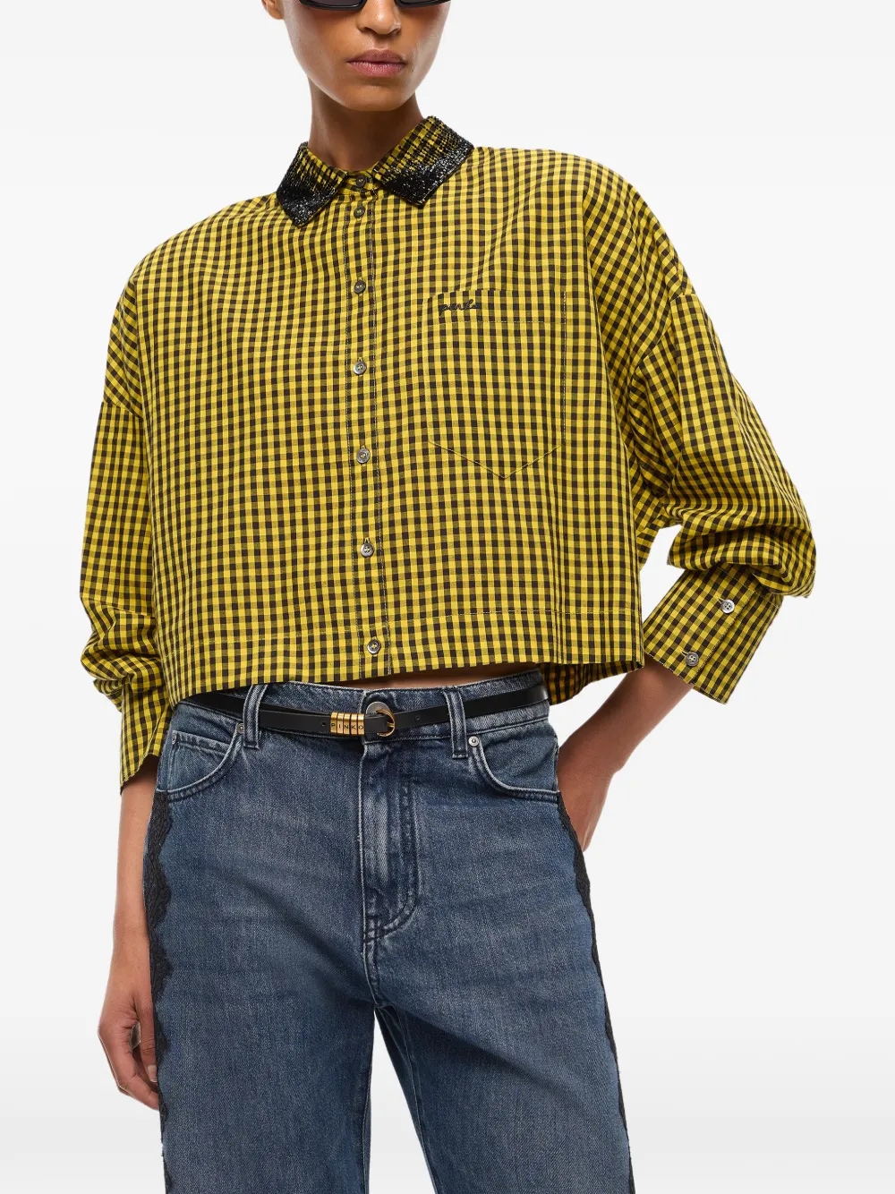 PINKO Cropped geruite blouse met decoratieve kraag Geel