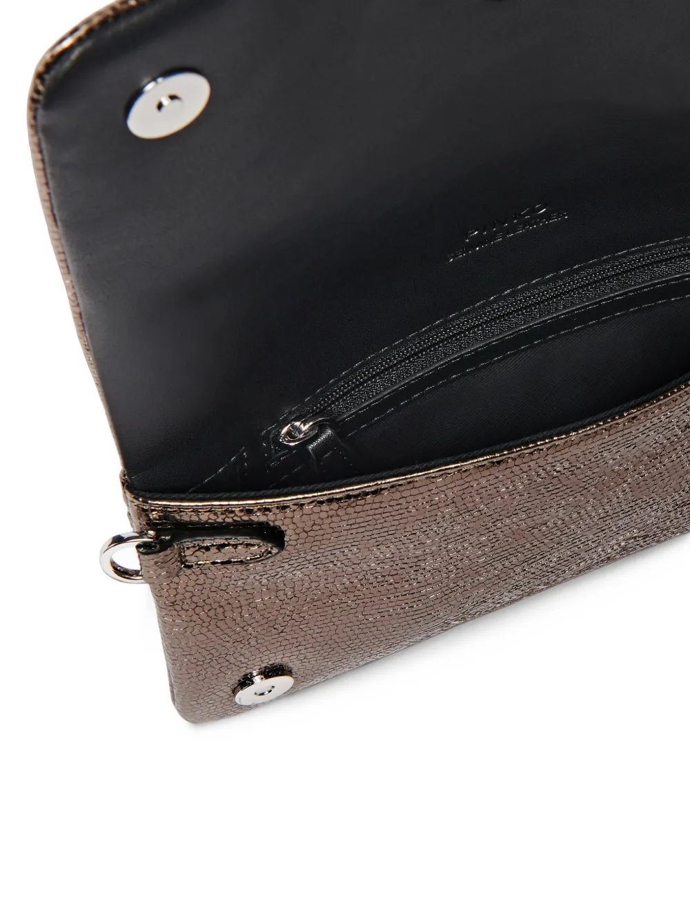 PINKO Love Bag Click Soft Horizontal small crossbody clutch in laminated snake-print leather Bruin