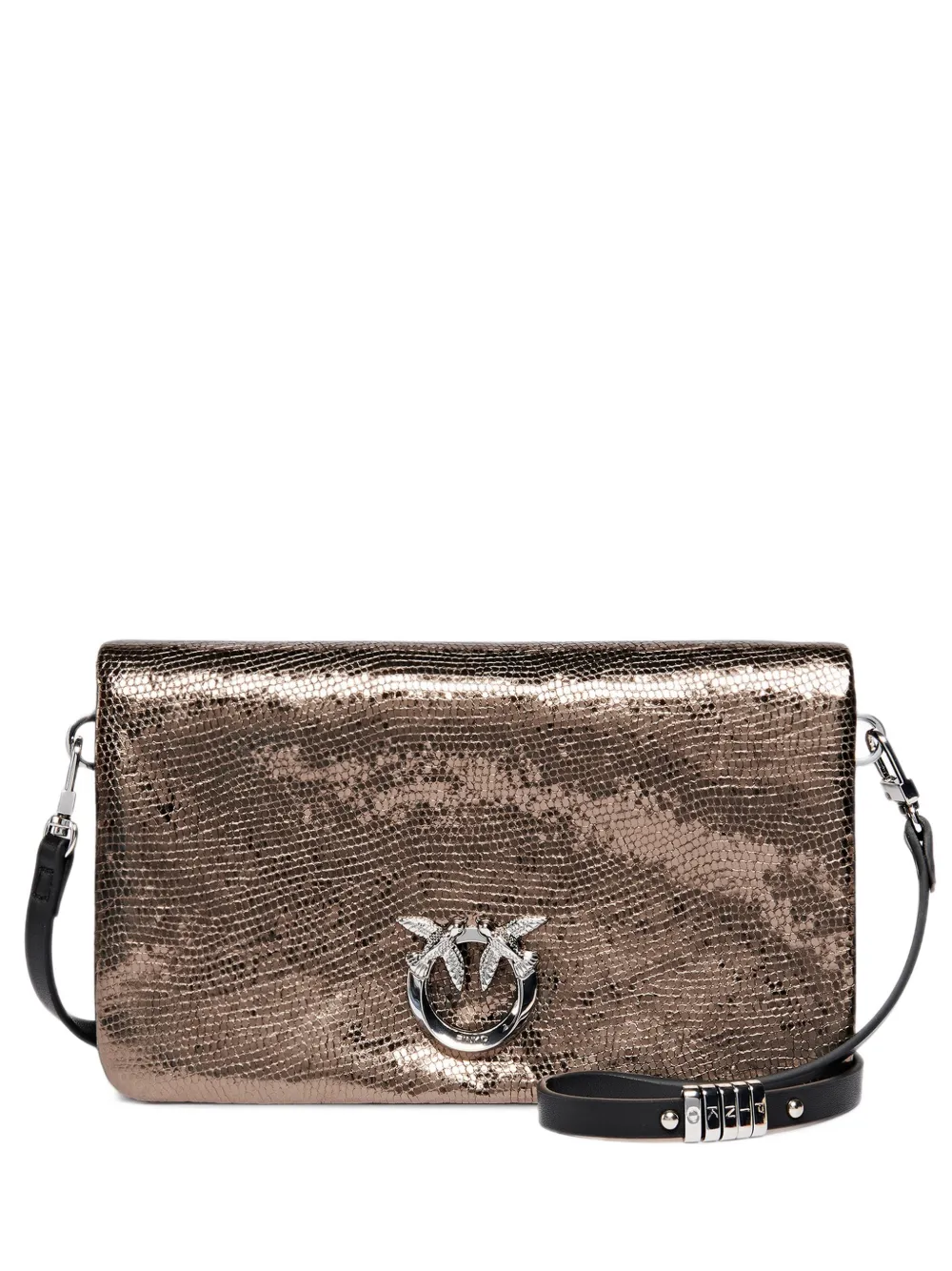 PINKO Love Bag Click Soft Horizontal small crossbody clutch in laminated snake-print leather - Marrone