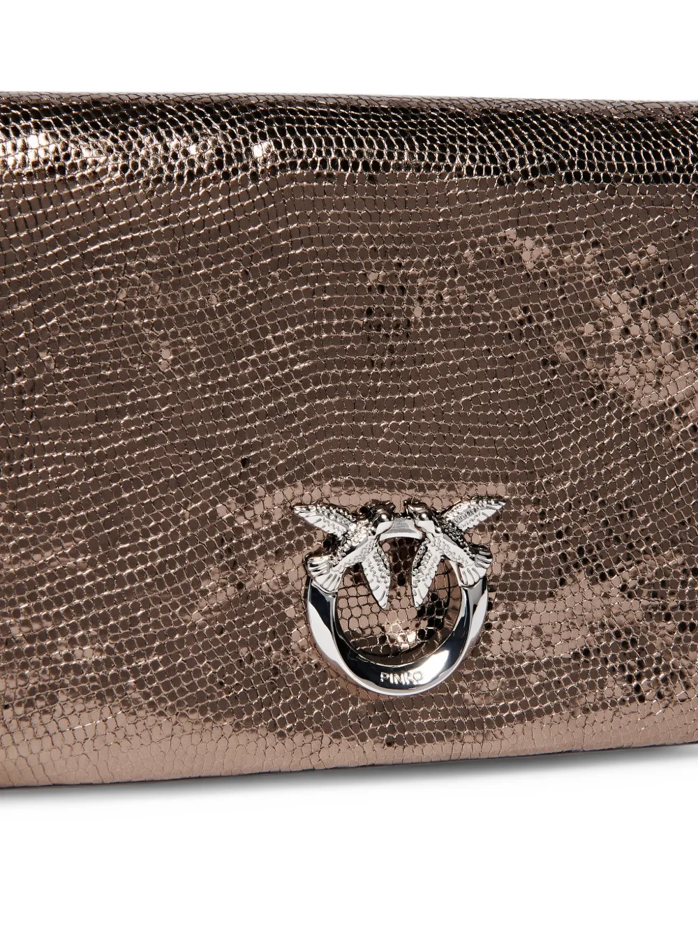 PINKO Love Bag Click Soft Horizontal small crossbody clutch in laminated snake-print leather Bruin