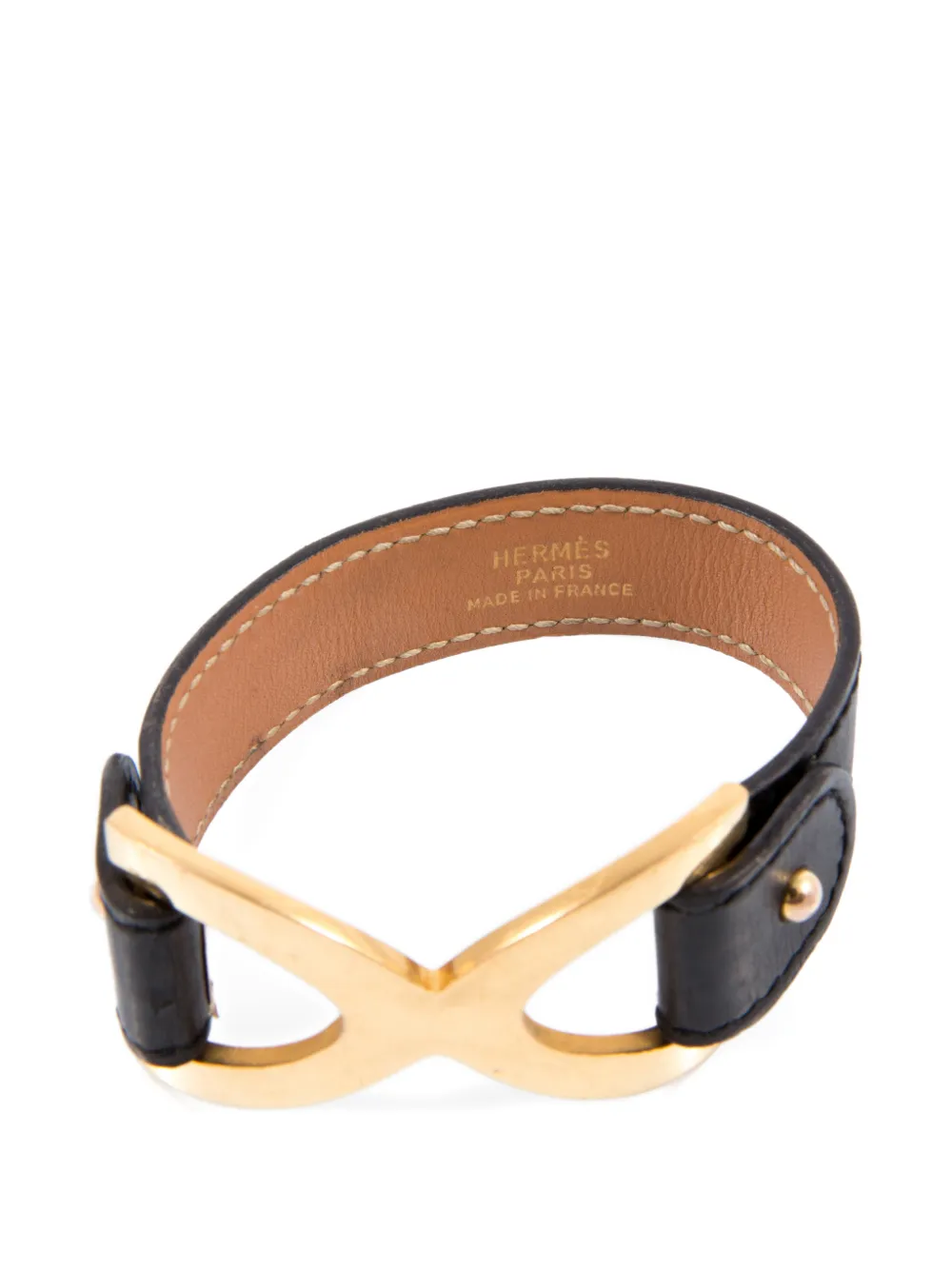 Pre-owned Hermes 1990s Infinity Plaque Leather Bracelet In Black