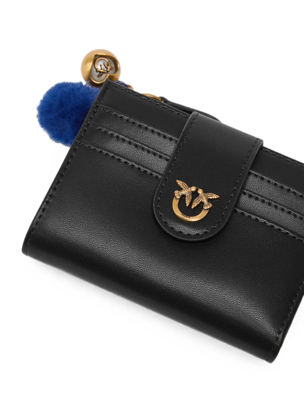 PINKO Multifunctionele leren portemonnee met pompon Zwart